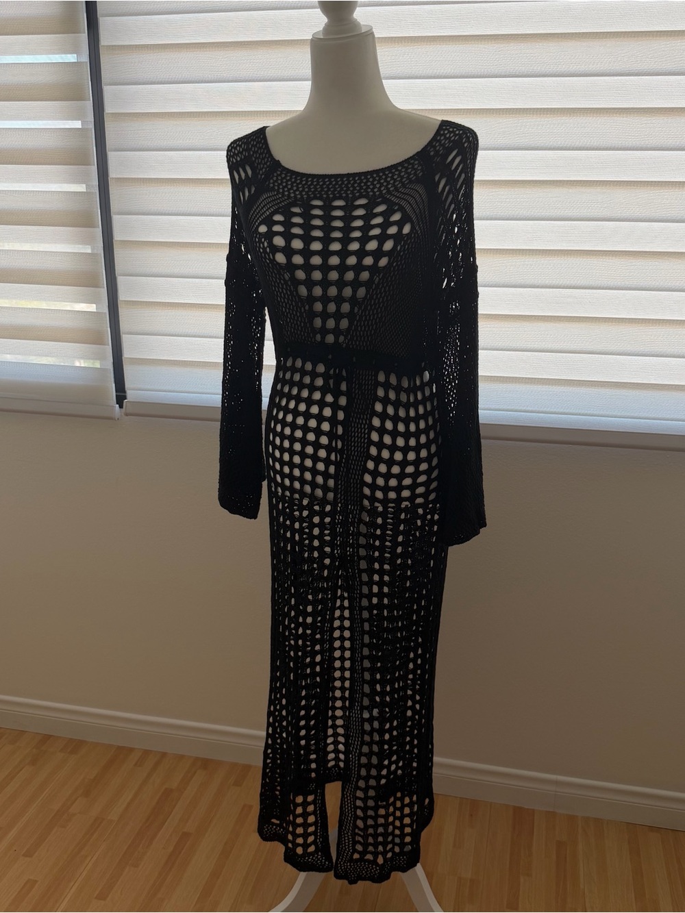 Black Crochet Knit Maxi Dress / Long Sleeve Beach Swim Cover-Up